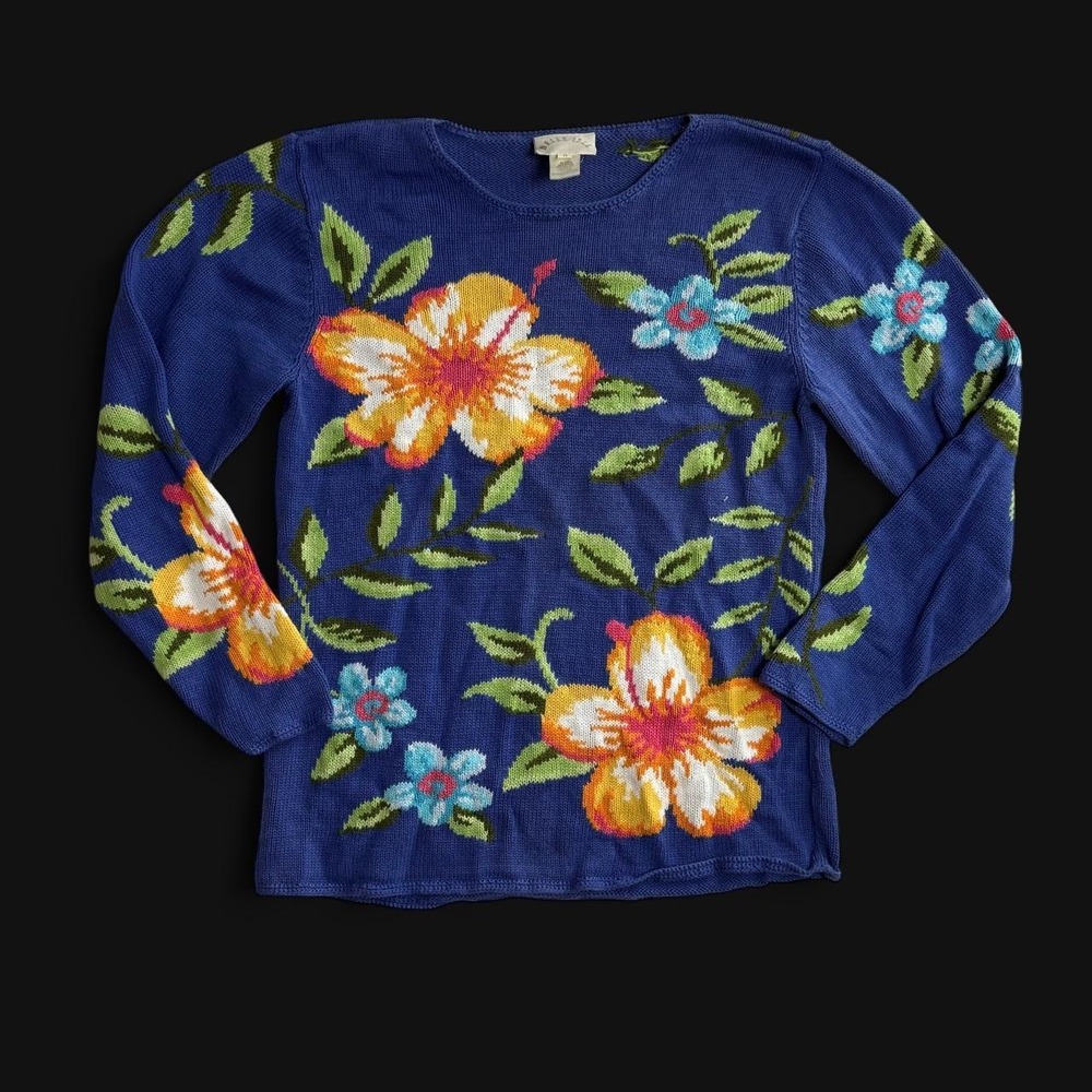 Vintage Belle Isle Blue Floral Knit Sweater Ramie Cotton 90s Cottagecore Medium